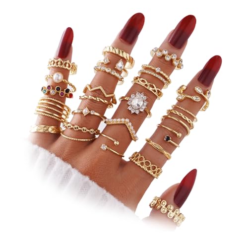 IFKM 51 Pcs Gold Knuckle Rings Set For Women Girls Vintage Stackable Joint Finger Midi Rings Dainty Cubic Zirconia Crystal Simple Twist Hollow Cute Rings Pack Jewelry Gift