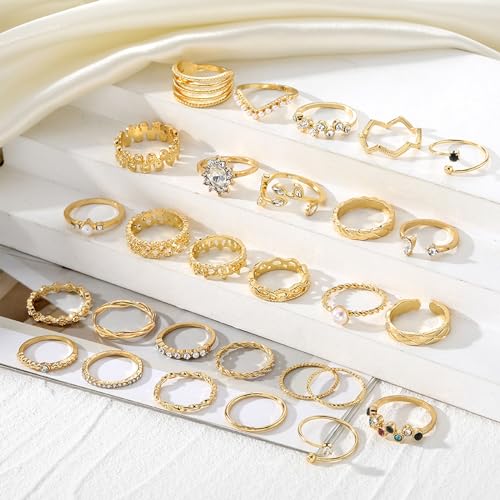 IFKM 51 Pcs Gold Knuckle Rings Set For Women Girls Vintage Stackable Joint Finger Midi Rings Dainty Cubic Zirconia Crystal Simple Twist Hollow Cute Rings Pack Jewelry Gift