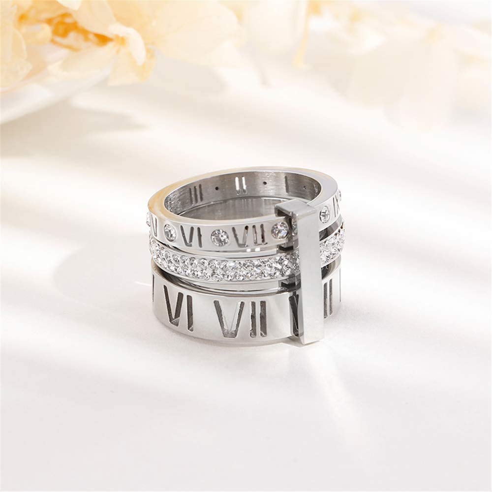 Stainless Steel CZ Zirconia Roman Numeral Ring For Women Stacking Thumb 3 in 1 Spinner Rings