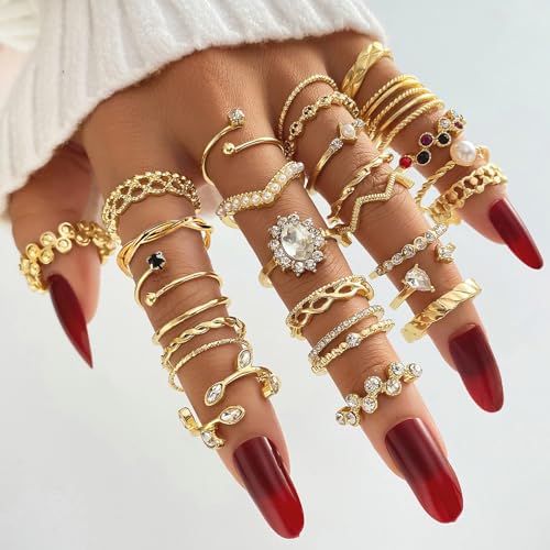 IFKM 51 Pcs Gold Knuckle Rings Set For Women Girls Vintage Stackable Joint Finger Midi Rings Dainty Cubic Zirconia Crystal Simple Twist Hollow Cute Rings Pack Jewelry Gift