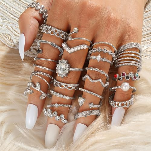 IFKM 51 Pcs Gold Knuckle Rings Set For Women Girls Vintage Stackable Joint Finger Midi Rings Dainty Cubic Zirconia Crystal Simple Twist Hollow Cute Rings Pack Jewelry Gift