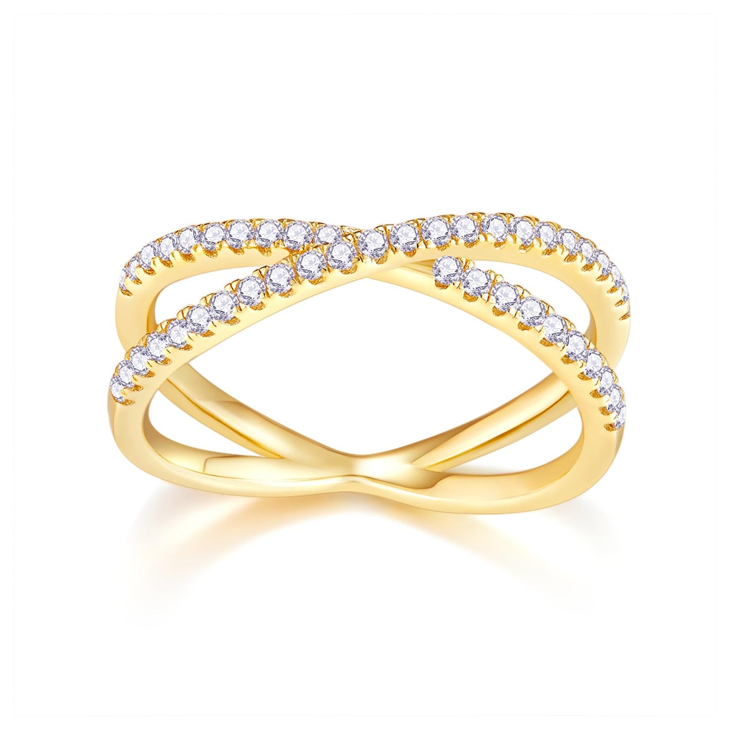 Criss Cross 14K Gold/White Plated Rings for Women, Designer Unique Fashion Ring, Gold Crystal Ring, Zirconia Simulated Diamond Trendy Jewelry, Elegant, Cool, Stylish - 1.5-2mm Band, Size 4-12