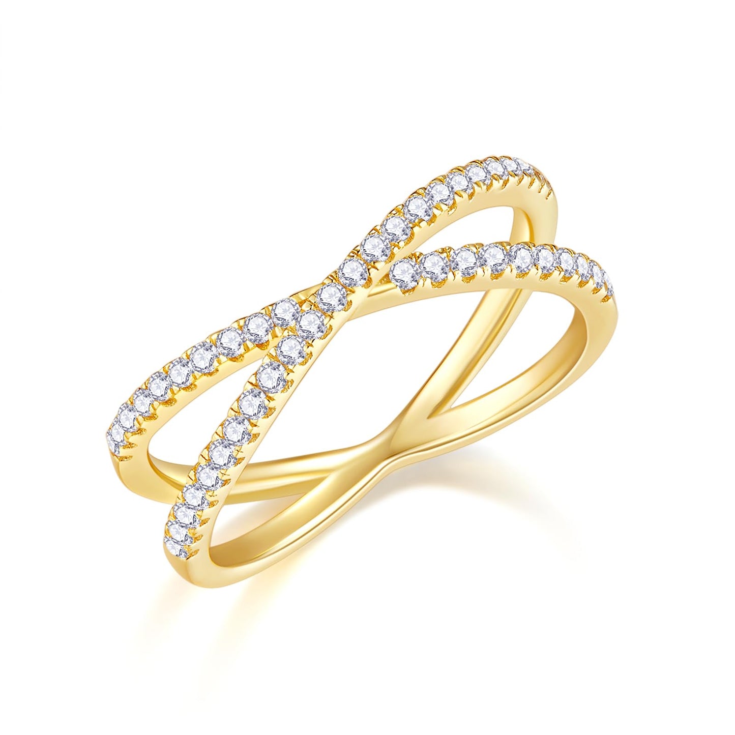 Criss Cross 14K Gold/White Plated Rings for Women, Designer Unique Fashion Ring, Gold Crystal Ring, Zirconia Simulated Diamond Trendy Jewelry, Elegant, Cool, Stylish - 1.5-2mm Band, Size 4-12