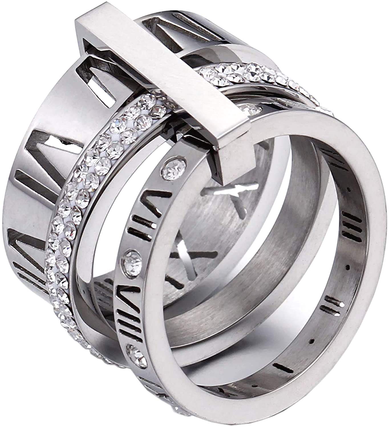 Stainless Steel CZ Zirconia Roman Numeral Ring For Women Stacking Thumb 3 in 1 Spinner Rings