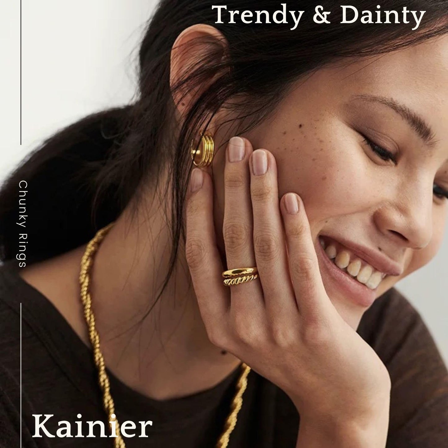 Kainier 14K Gold Chunky Rings for Women Girls 14K Gold Plated Dainty Radial Rings High Polish Statement Band Classic Double Twisted Ring Comfort Fit Size 5 to 10