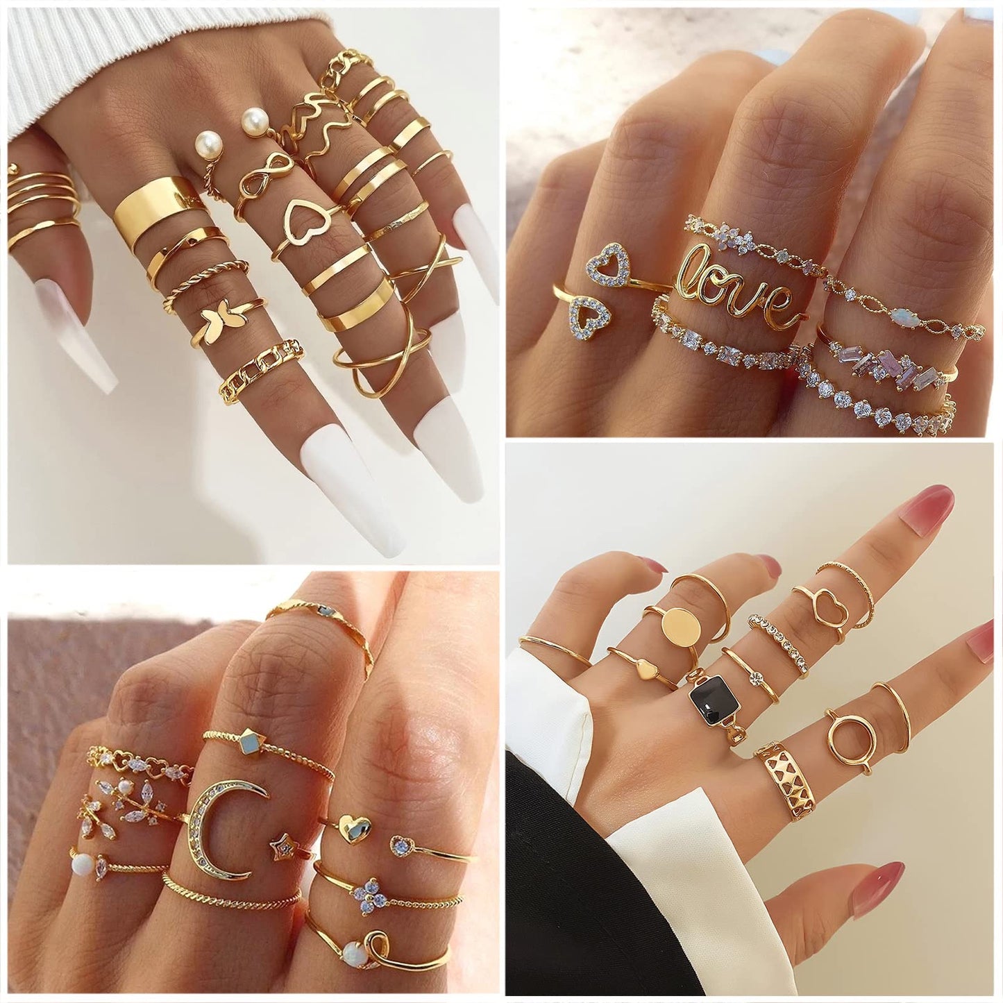 IFKM 51 Pcs Gold Knuckle Rings Set For Women Girls Vintage Stackable Joint Finger Midi Rings Dainty Cubic Zirconia Crystal Simple Twist Hollow Cute Rings Pack Jewelry Gift