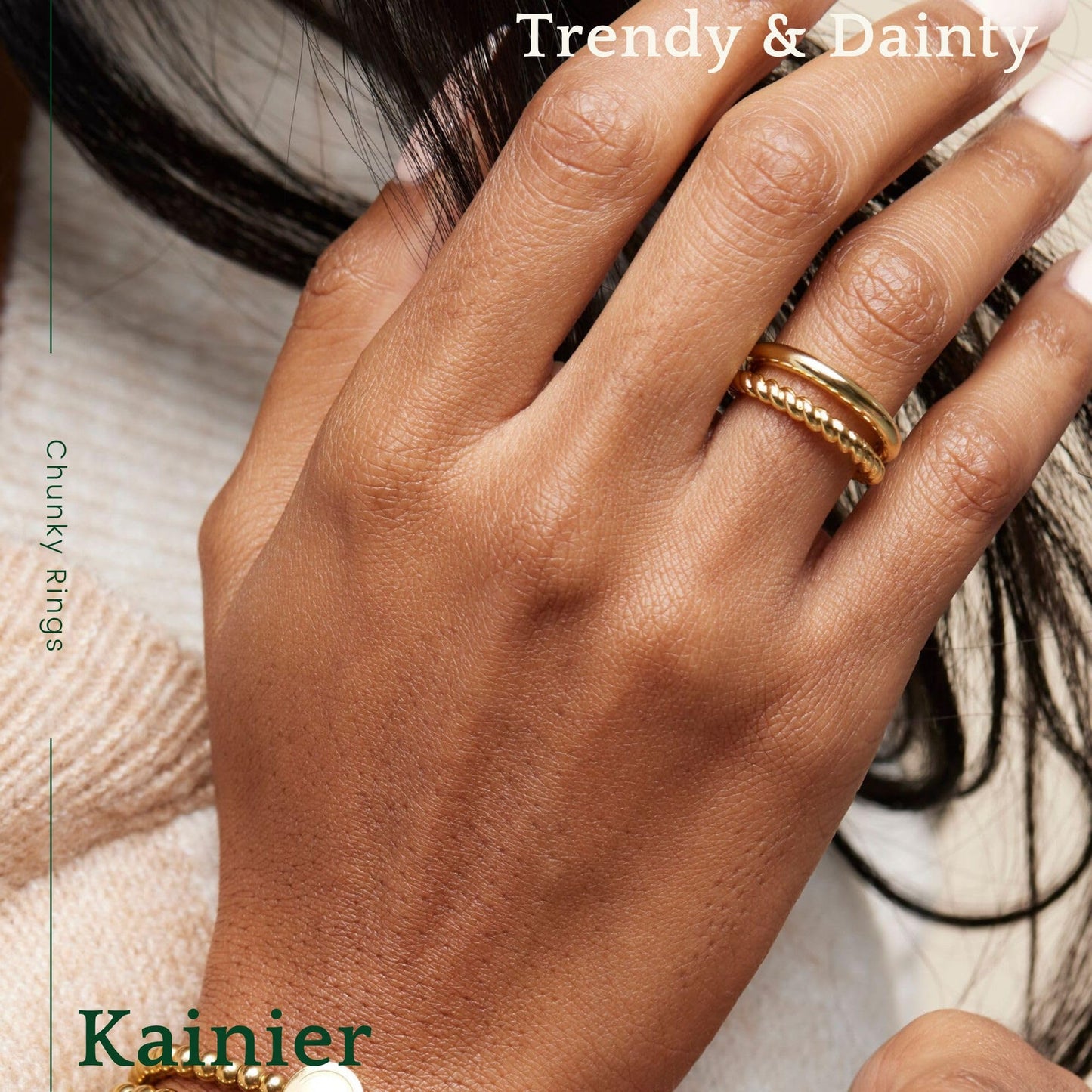 Kainier 14K Gold Chunky Rings for Women Girls 14K Gold Plated Dainty Radial Rings High Polish Statement Band Classic Double Twisted Ring Comfort Fit Size 5 to 10