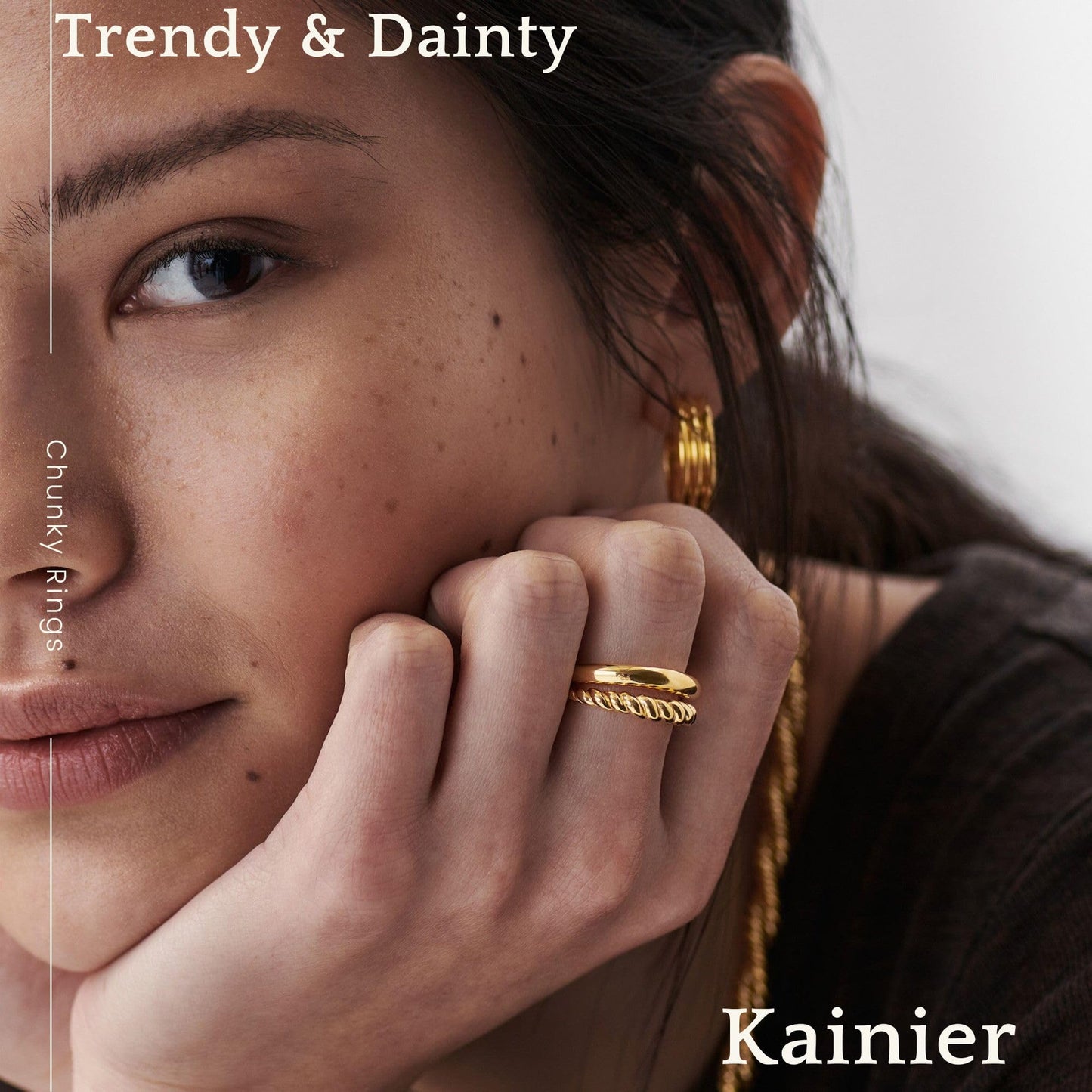 Kainier 14K Gold Chunky Rings for Women Girls 14K Gold Plated Dainty Radial Rings High Polish Statement Band Classic Double Twisted Ring Comfort Fit Size 5 to 10