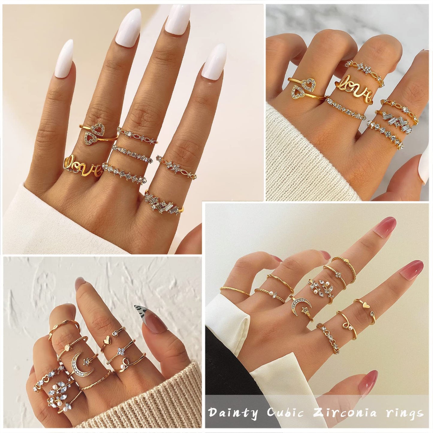 IFKM 51 Pcs Gold Knuckle Rings Set For Women Girls Vintage Stackable Joint Finger Midi Rings Dainty Cubic Zirconia Crystal Simple Twist Hollow Cute Rings Pack Jewelry Gift