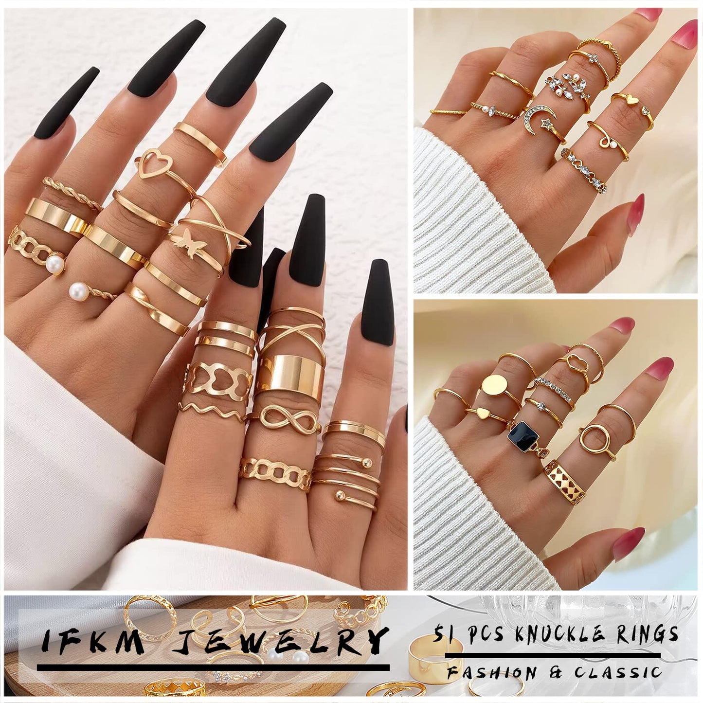 IFKM 51 Pcs Gold Knuckle Rings Set For Women Girls Vintage Stackable Joint Finger Midi Rings Dainty Cubic Zirconia Crystal Simple Twist Hollow Cute Rings Pack Jewelry Gift